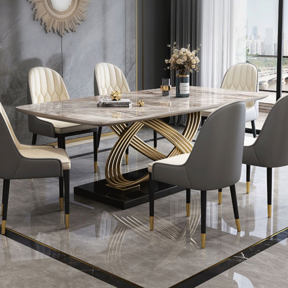 Glam Style Dining Sintered Stone Table Dining Rectangle Table with Metal Legs for Home