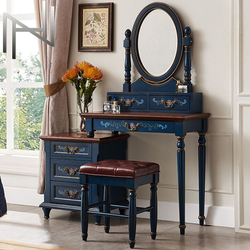 Victorian Wood Vanity Table with Mirror and Stool 15.75" D Vanity Table Set