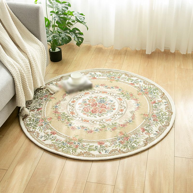 Round Classic Rug Antique Floral Design Area Rug Polyester Anti-Slip Backing Carpet for Home Decor