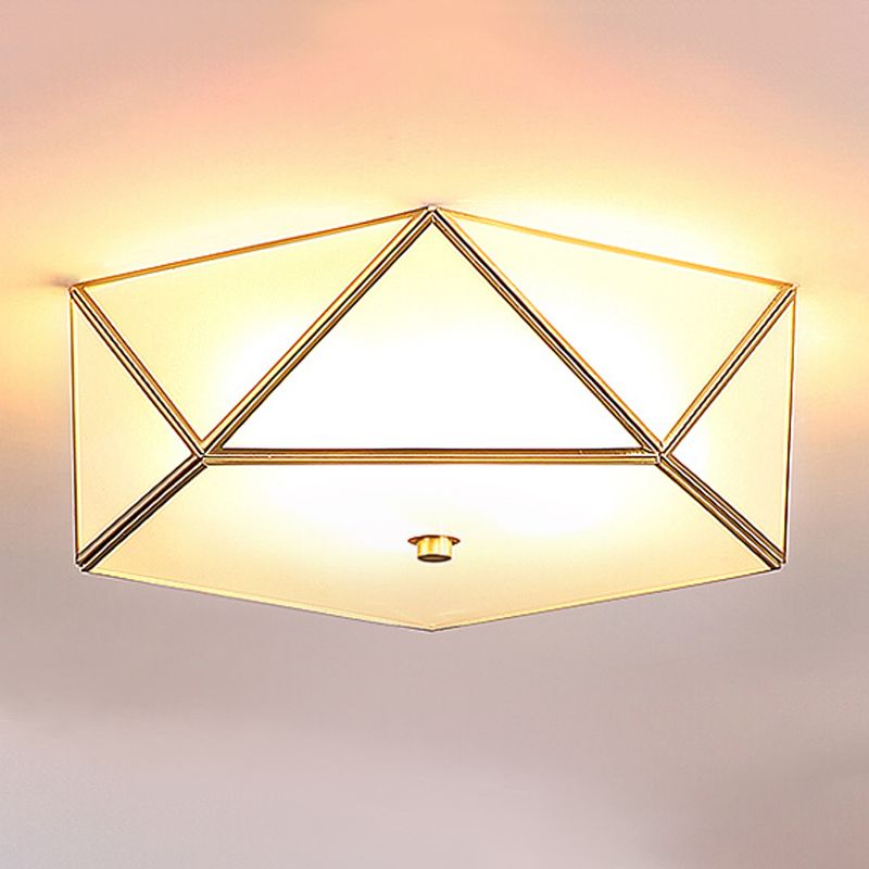 Lámpara de techo geométrica de cobre, montaje empotrado de vidrio esmerilado de estilo colonial para dormitorio