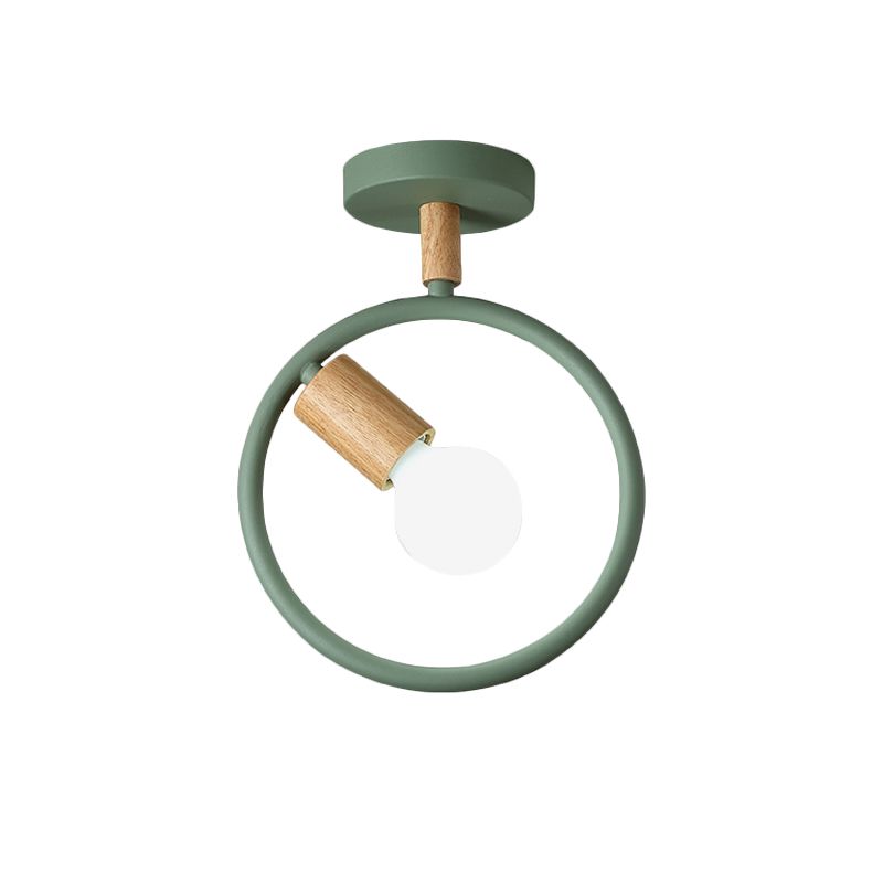 Circle Metal Flushmount Lighting Simple 1 Bulb Grey/Green/White Semi Close to Ceiling Lamp with Tube Wood Arm