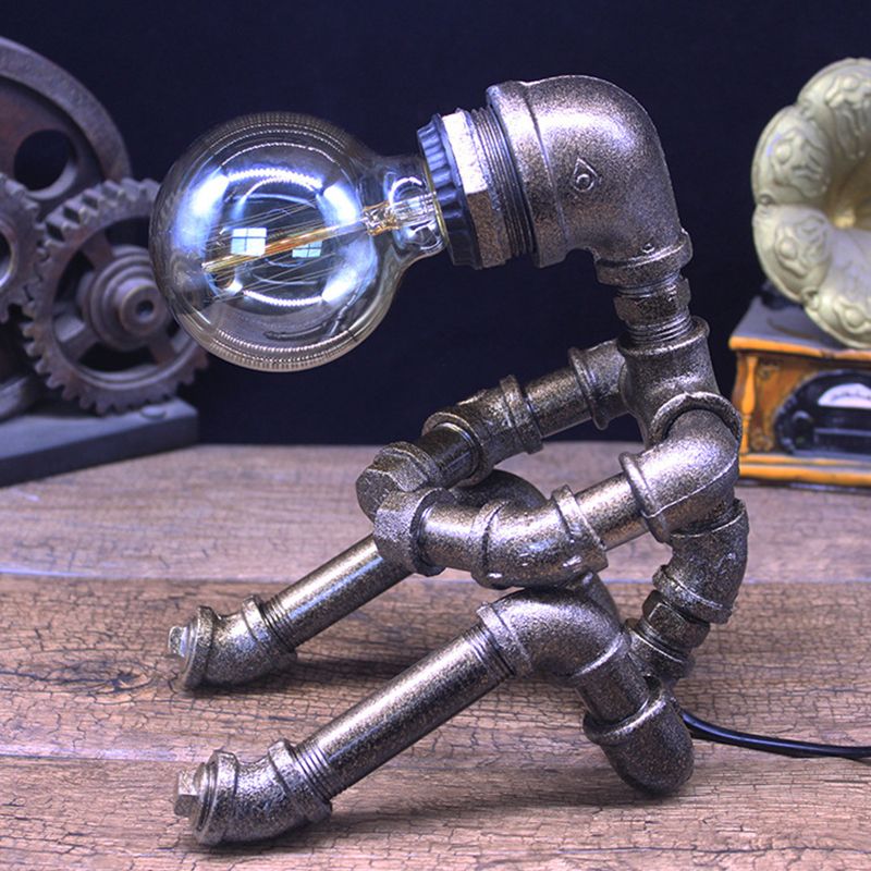 Metallic Silver Table Lighting Robot Pipe 1-Bulb Industrial Nightstand Light with Exposed Bulb Design