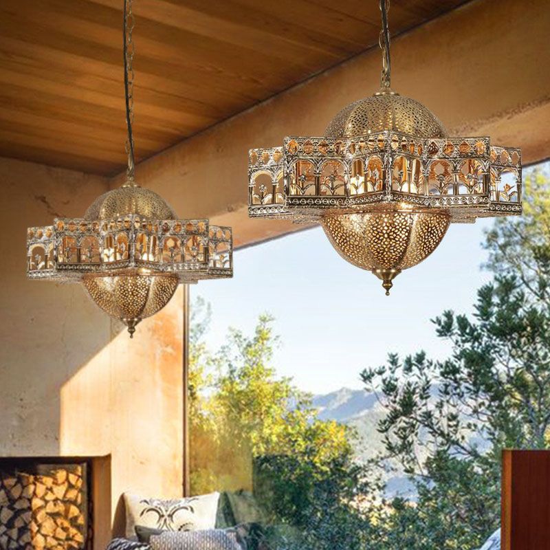 Metallic Hollow out Pendant Light Vintage 8 Bulbs Restaurant Suspension Light Fixture in Bronze