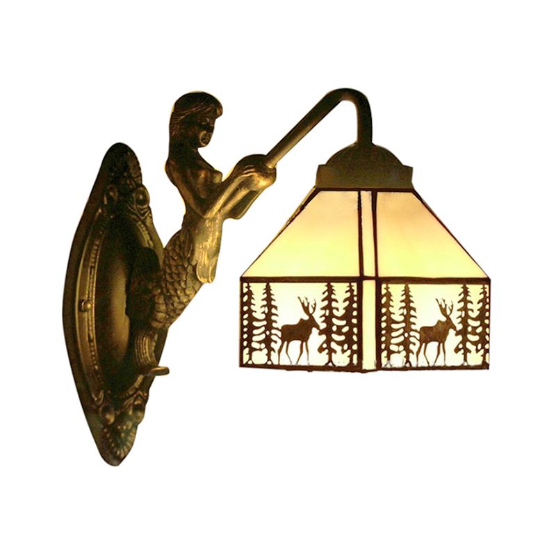 Small House Wall Mount Light Retro Stained Glass 1 Light Wall Lighting with Mermaid Decoration
