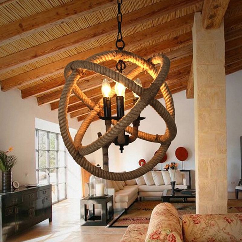 White Orbit Globe Pendant Chandelier Farmhouse Hemp Rope 3 Bulbs Dining Room Ceiling Light
