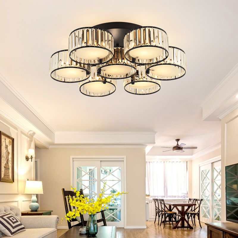 3/5/6 Lights Living Room Ceiling Light Fixture Modern Black Flush Mount with Drum Crystal Shade