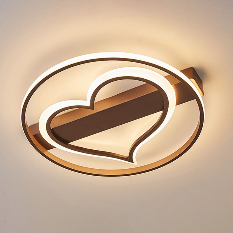 Ring and Loving Heart Ceiling Lamp Acrylic Coffee/White LED Flushmount Lighting in Warm/White Light