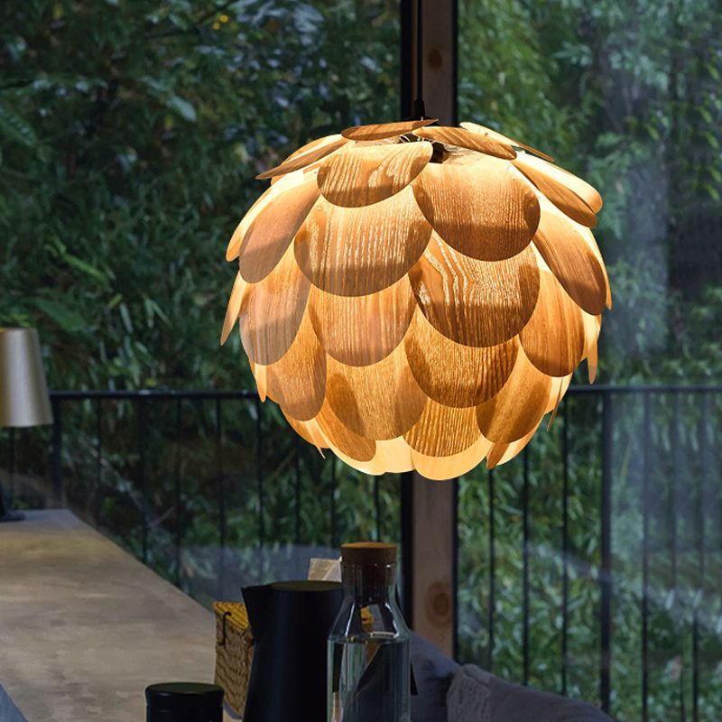 Beige Pinecone Pendant Light Fixture Asian 1 Light Wooden Hanging Lamp for Guest Room