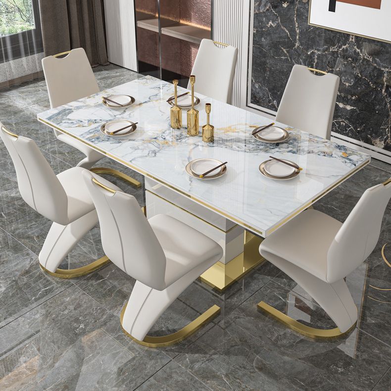 Luxury Sintered Stone Top Dining Table White Rectangle Table with Metal Pedestal Base