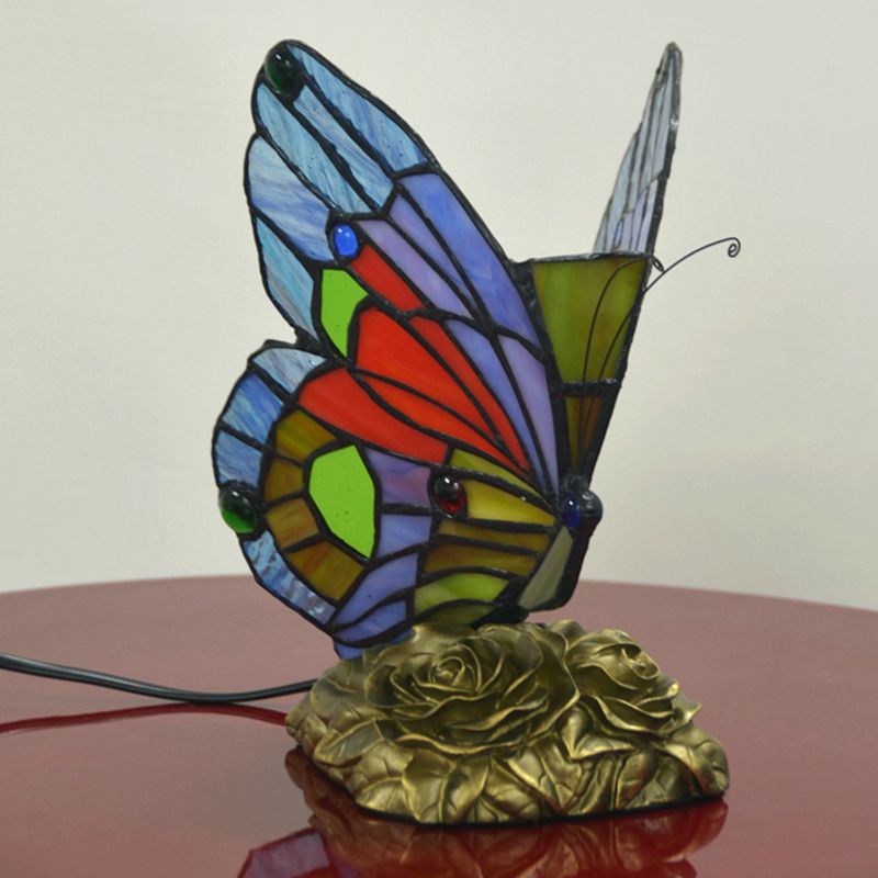 Éclairage de chevet de papillon bleu baroque 1 lampe de nuit en verre coupé clair avec base de rose en résine