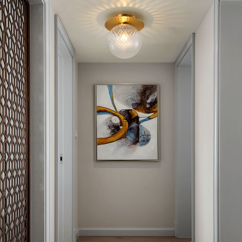Modern Concise Indoor Flush Mount Copper Globe Ceiling Fixture with Ripple Glass Shade