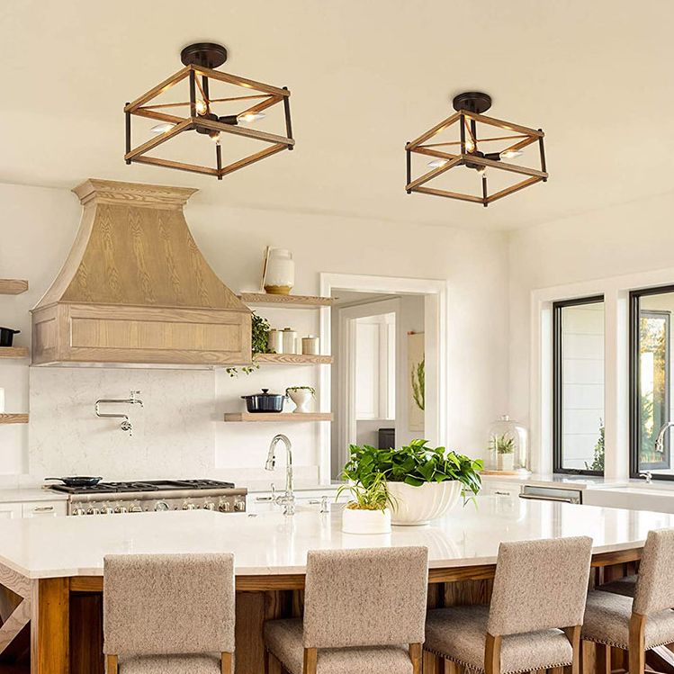 Luz de techo negro de madera en el estilo industrial de hierro forjado Geométrico Semi Flush Monte