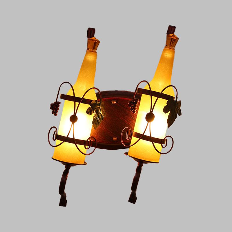 Art Deco Bottle Wall Mount Lighting 2 Bulbs Yellow/Yellow and Green/Red and White Glass Wall Sconce Lamp in Copper with Wine Rack Backplate