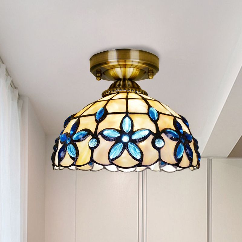 Dôme en laiton près du plafonnier Tiffany 5"/8"/12" de large, éclairage encastré à 1 tête avec bijoux floraux bleus