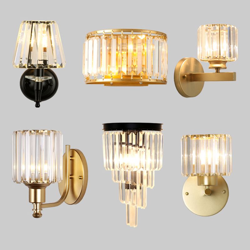 Postmodern 1 Head Wall Lamp Gold Cylindrical/Half-Drum Sconce Light with Prismatic Crystal Shade