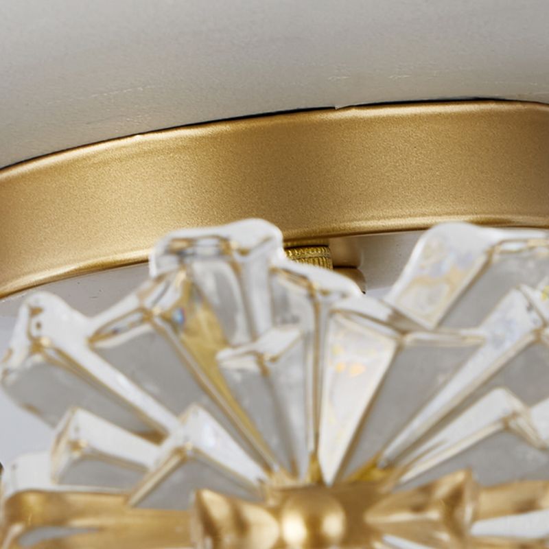 Gold Metal Flush Mount Light Fixtures Traditional Drum Semi Flush Ceiling Lamps with Glass Shade