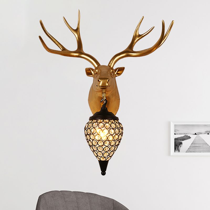 1 hoofd gefacetteerde kristallen wandmuur gemonteerd licht rustieke zwarte regendruppelbed sconce lamp met bruine paarden/hertenkop