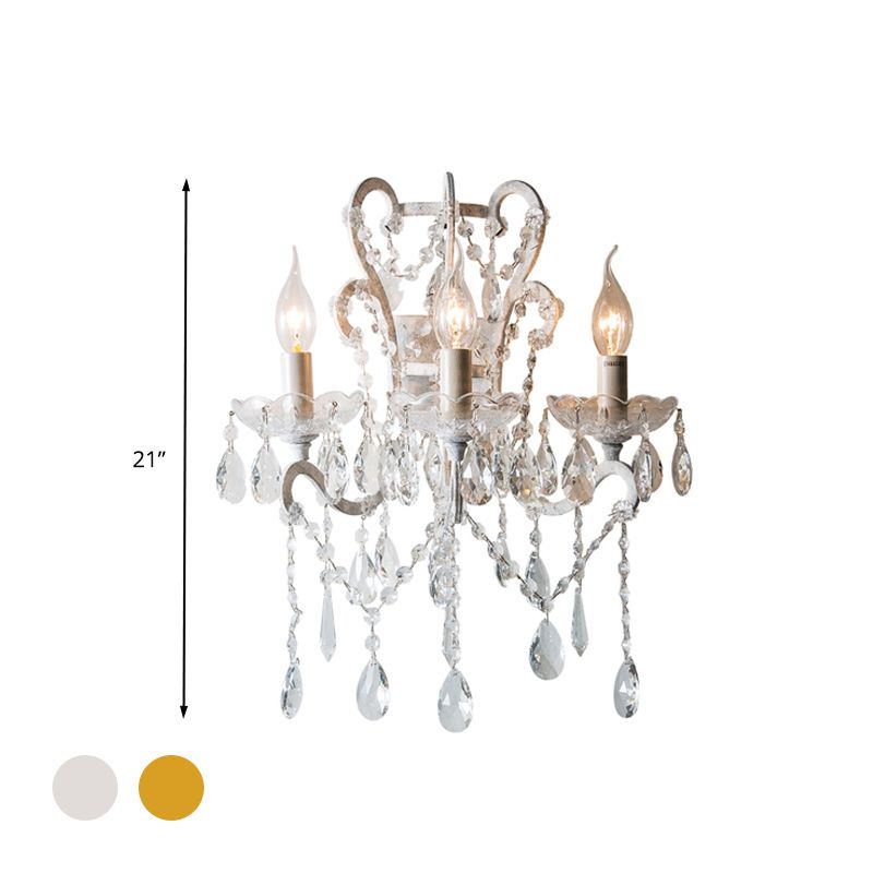 Candle Bedroom Sconce Light Rustic Metal 3 Bulbs Gold/Ivory Wall Lighting Fixture with Dangling Crystal Accent