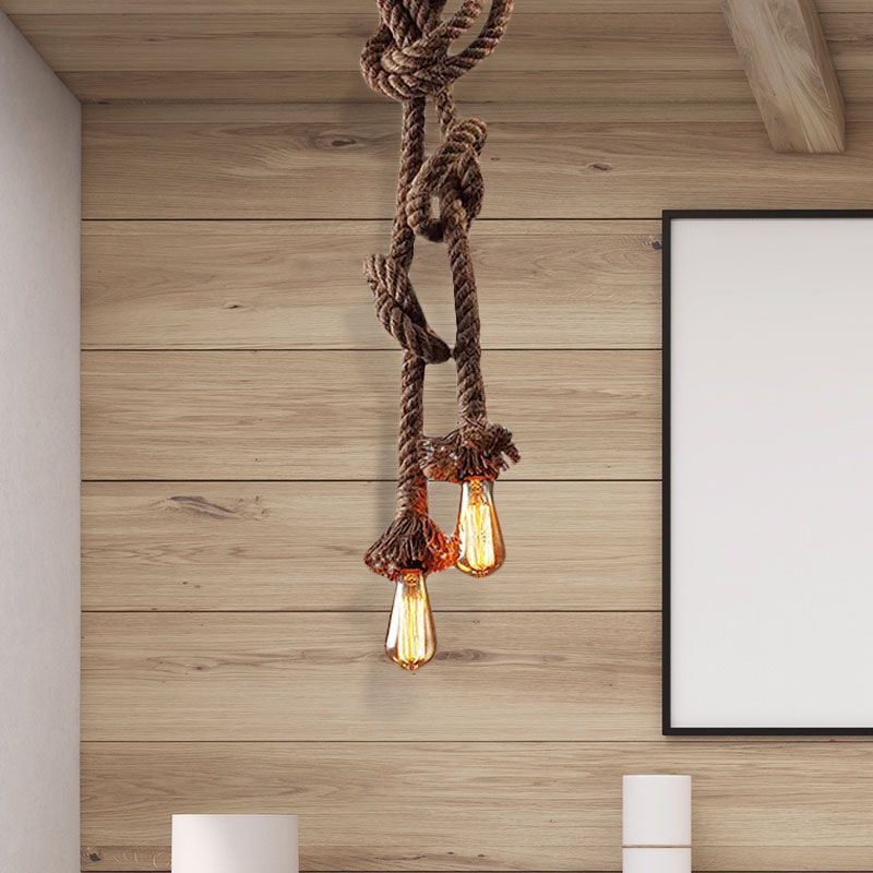 Light Brown 2 Heads Ceiling Pendant Light Vintage Style Rope Open Bulb Hanging Lighting for Bar