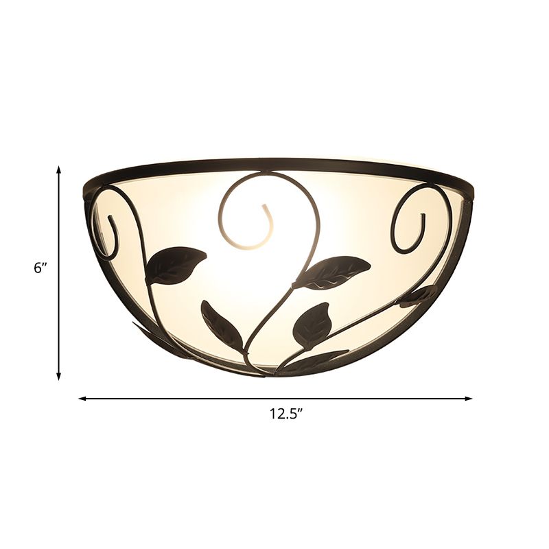 Half Moon Bedroom Wall Sconce Vintage White Glass 1 Head Black Wall Lighting with Leaf Design
