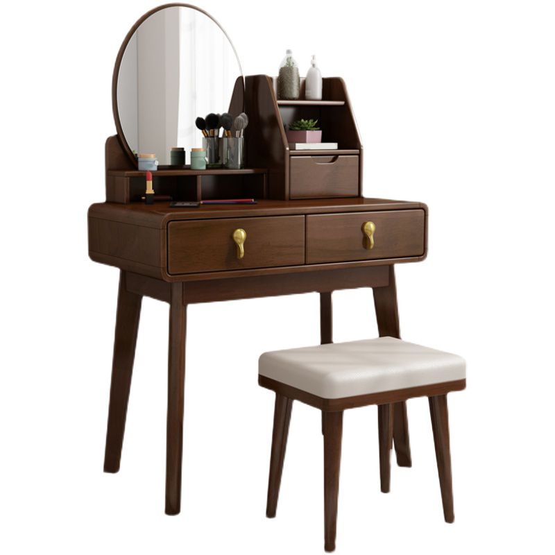 Natural/Brown Wooden Vanity with Mirror, 2 Drawers Dresser - 27.56"/31.5" W