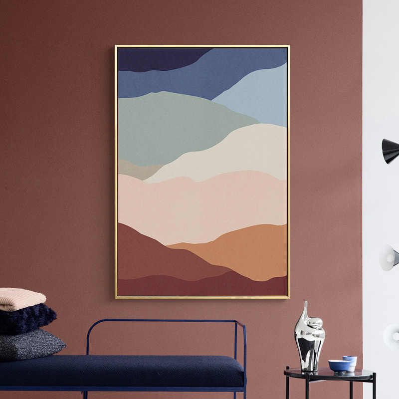 Canvas print met veelkleurig golfpatroon, Scandinavische textuur, kunst aan de muur, decor in bruin voor woonkamer