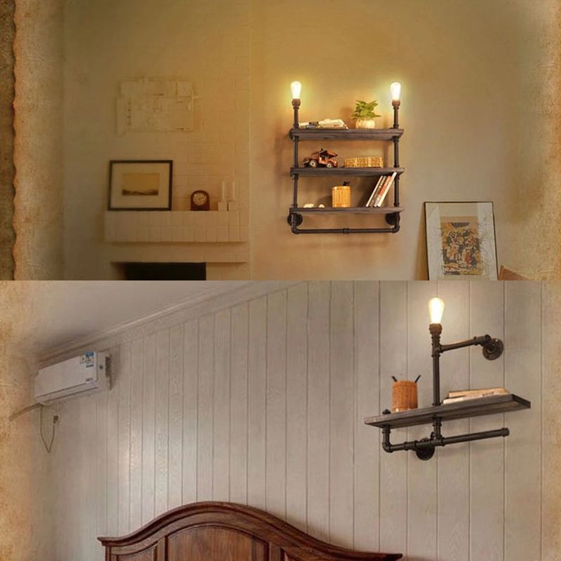 Industrielle Rohrleitungswand montierte Beleuchtung Metallic Wandleuchten in Schwarz mit Holzregal