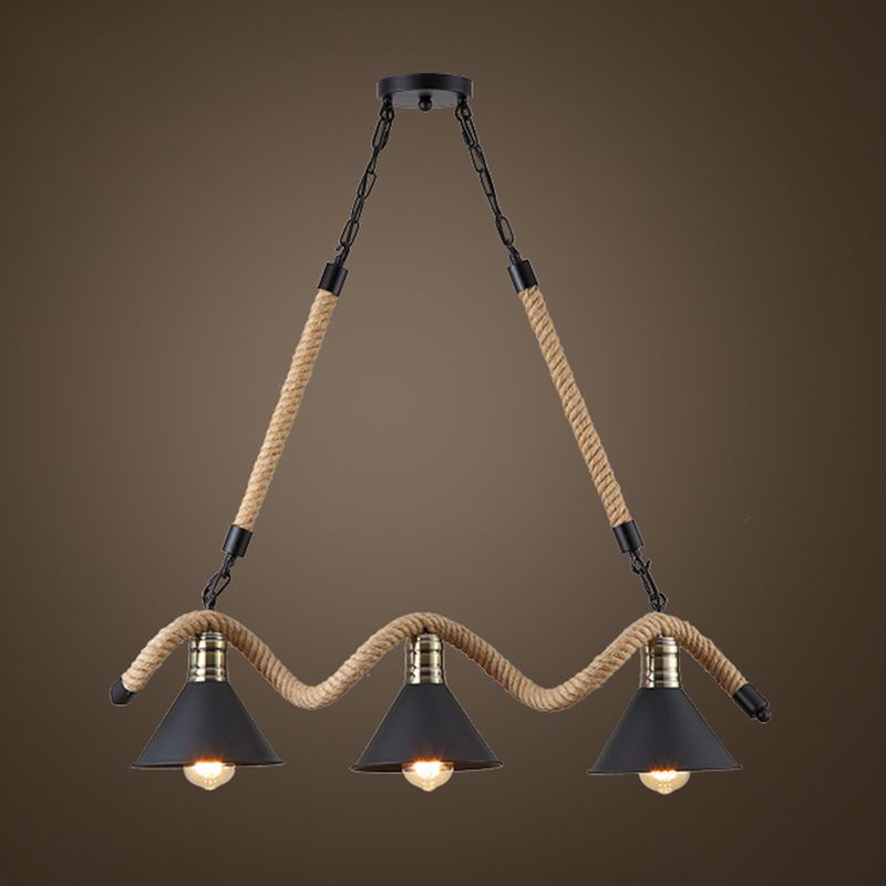Black Conical Island Lighting Industrial Hemp Rope 3-Head Dining Room Pendant Lamp