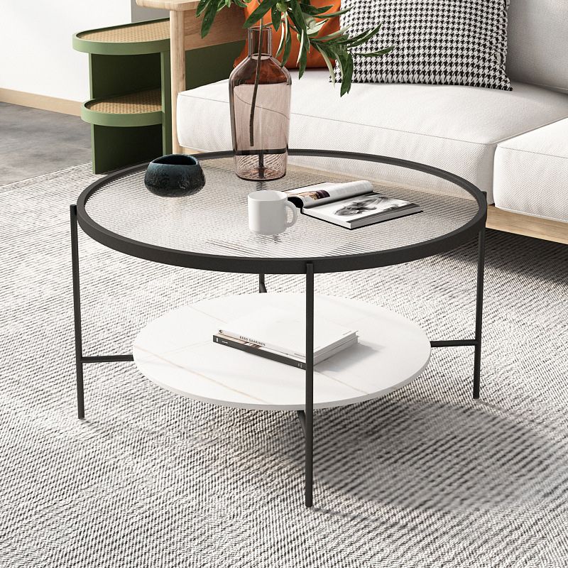 Modern Style Round Glass Table Plate Metal 4 Legs Base with Storage Rack Coffee Table