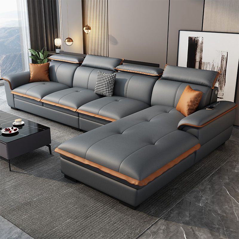 Tufted Pillow Top Arm Sectional Stain Resistant Sectional Gray Faux Leather