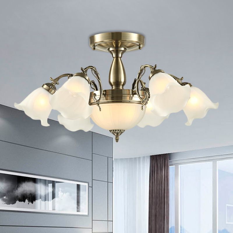 8 lampen Bloem Semi Montage Verlichtingsstijl Landelijke stijl Bronze/messing/koperen Melkglas dicht bij plafondlamp met schuifarm