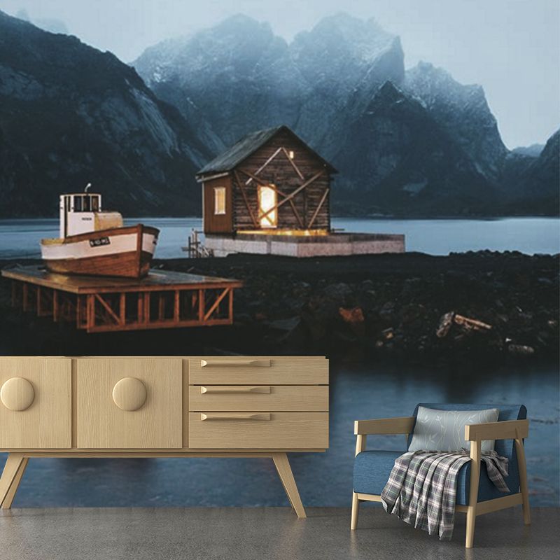 Tranquil Nightfall Scenery Mural for Bedroom Riverside Fishers Cabin by the Mountain Wall Decor, Made to Measure