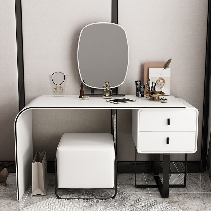 2-Drawer Vanity Set Genuine Leather & Metal Makeup Dressing Table with Mirror and Stool