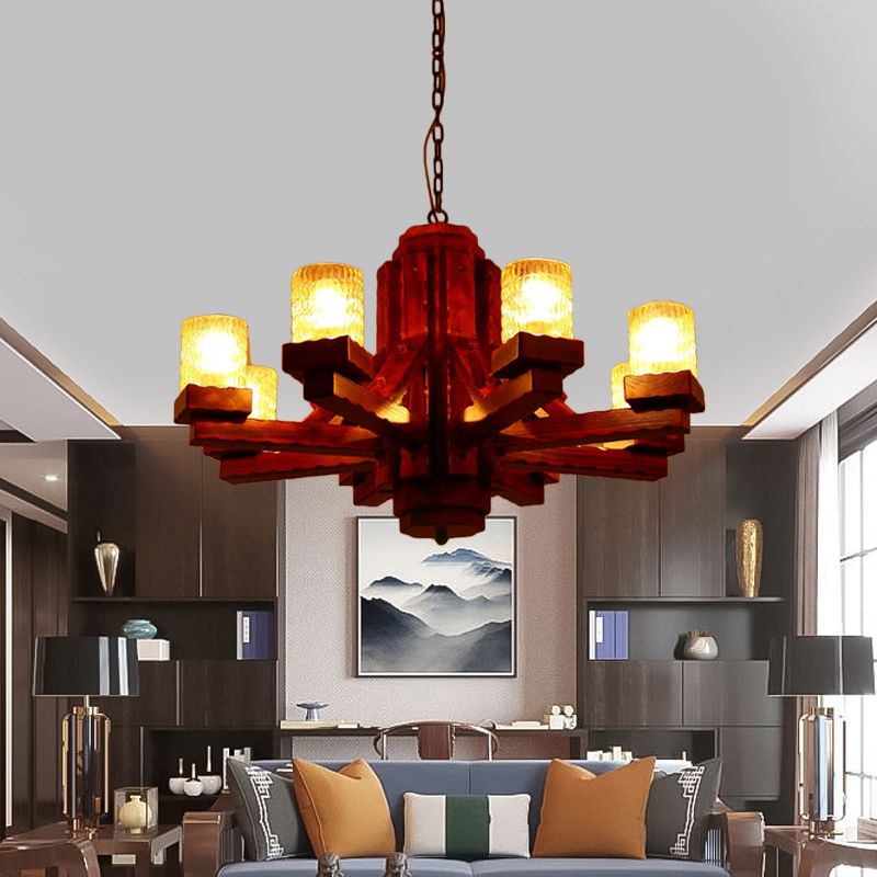 Brown Sputnik Hanging Chandelier Rustic Wood 8 Lights Living Room Ceiling Fixture with Cylinder Dimpled Glass Shade