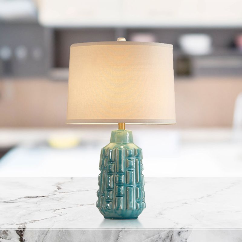 Fabric geschoeide bel/drumtafellamp vintage 1 bol salon nachtkastje licht met keramische potbasis in blauw