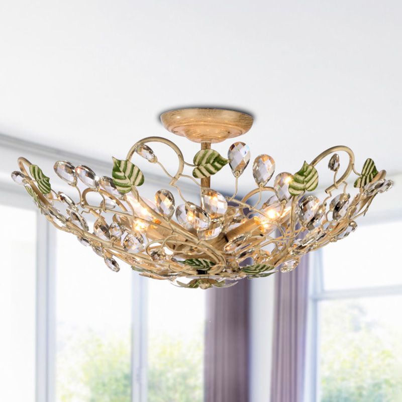 Dome Leaf Crystal Semi Flush Mount lampe 6 lumières Livrés plafond Light in Gold
