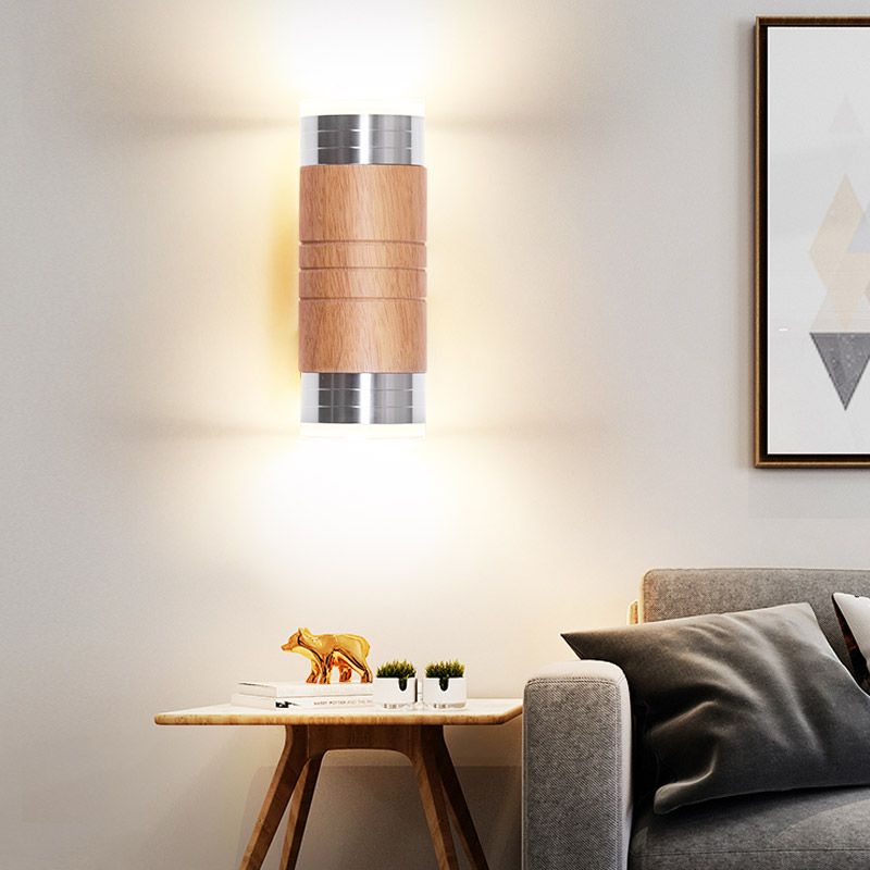 Cylinder Wooden Wall Sconce Light Asian 1 Bulb Chrome LED Wall Lighting for Living Room