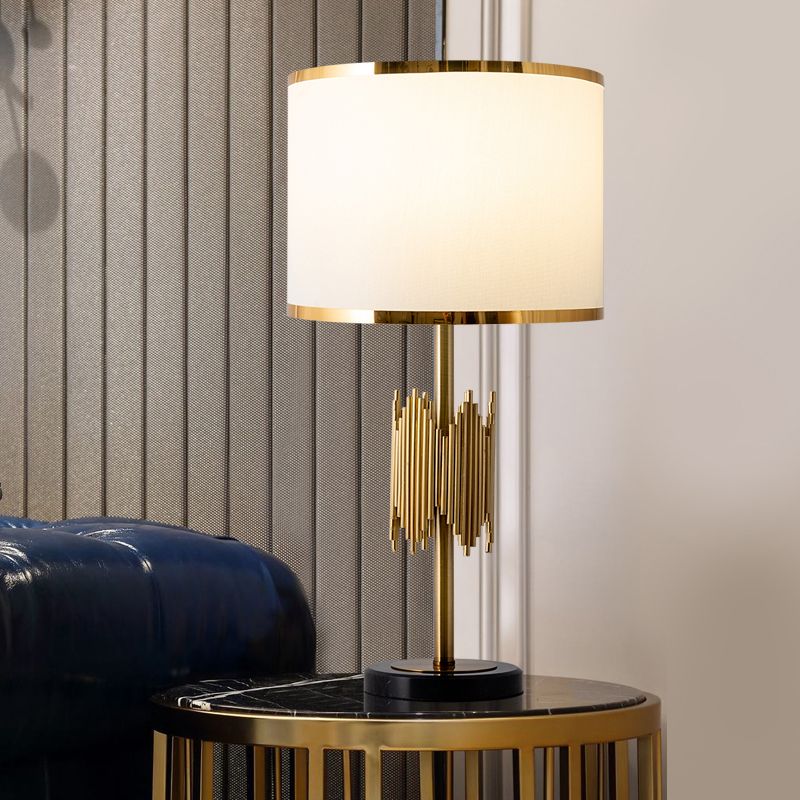 Shaded Table Light Modernist Fabric 1 Bulb White Desk Lamp with Black Round Marble Base