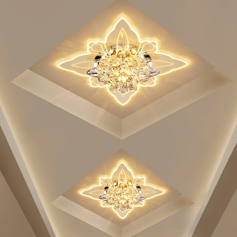 Crystal Flower LED Flush Mount Modern Clear Flushmount Ceiling Light in Warm Light for Hallway