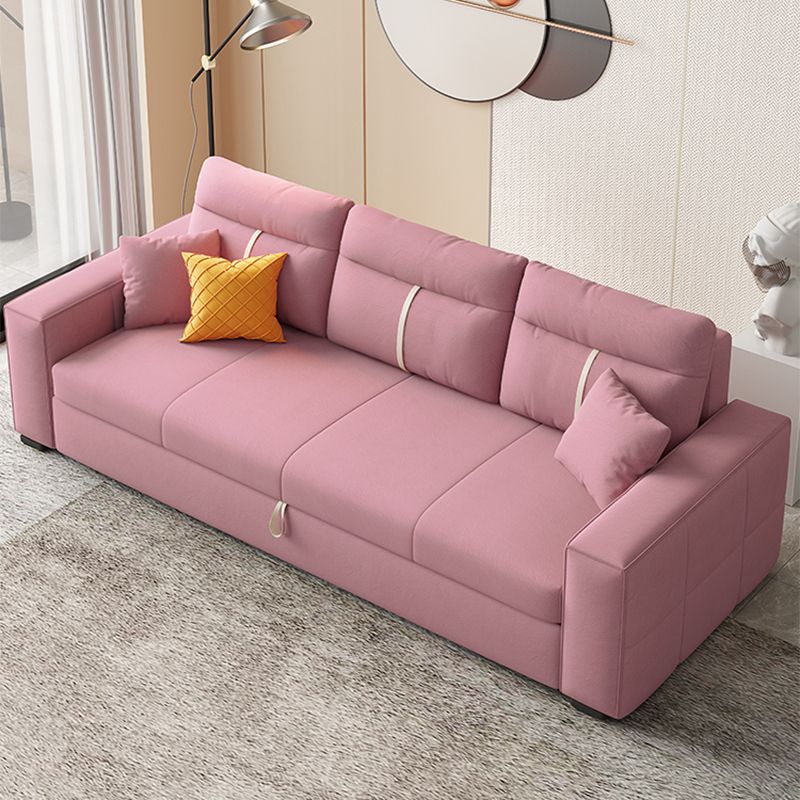 Storage Fabric Sofa Bed in Pink with Pillow Back and Square Arms