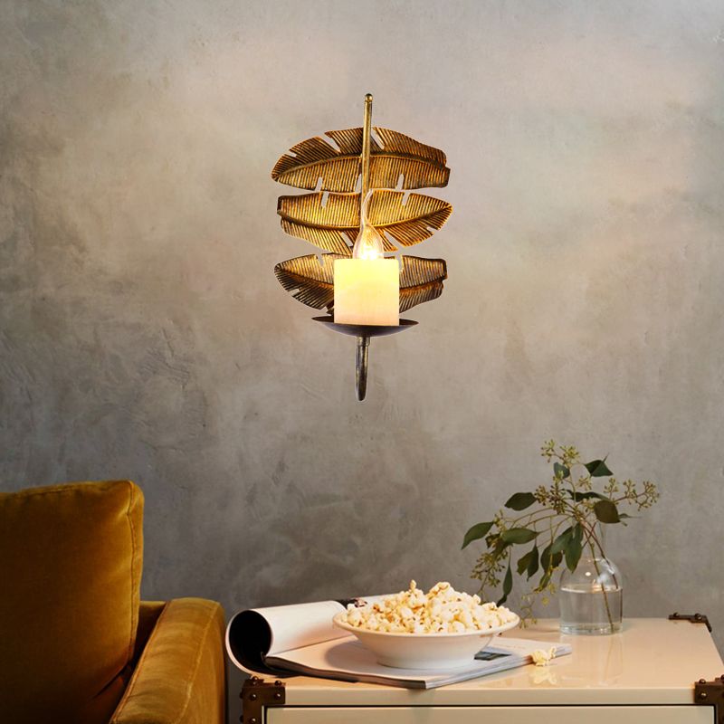 Vintage Leaf Sconce Lighting 1 Bulb Metal Wall Mounted Lamp Fixture in Brass with Cylinder Marble Shade