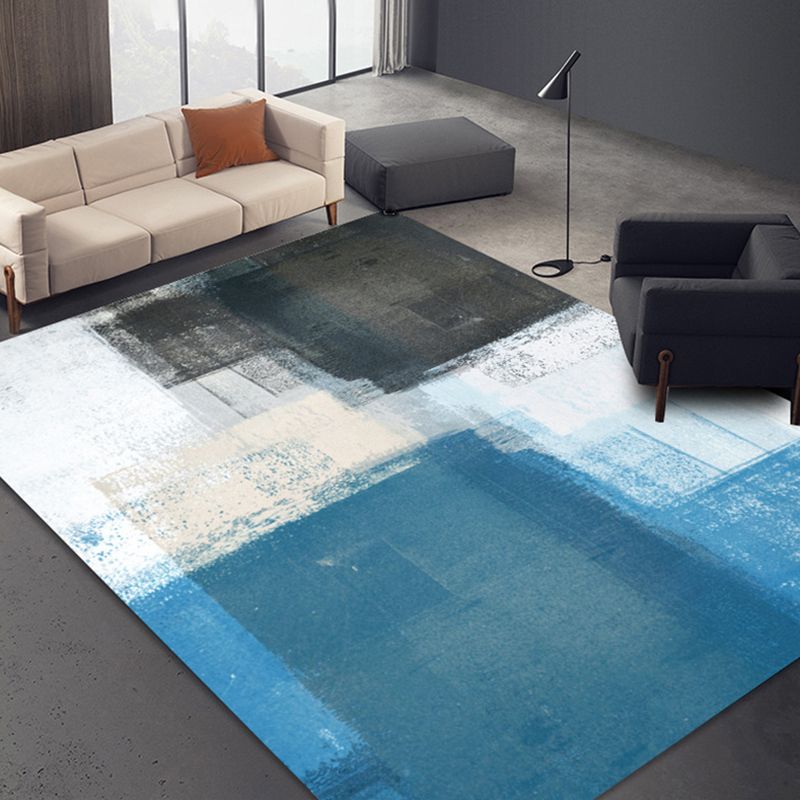 Modern Blue Carpet Color-Blocked Polyester Area Rug Anti-Slip Backing Rug for Living Room