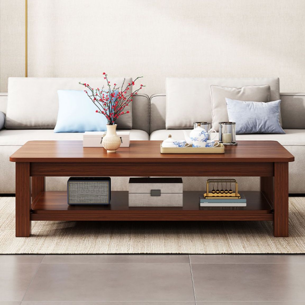 Rectangular Wooden 1 Single Coffee Table 4 Legs Cocktail Table with Shelf