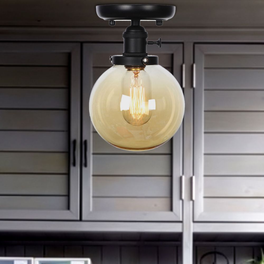 Black 1 Light Ceiling Mount Clear/Amber Glass Industrial Round/Globe Semi Flush Light for Kitchen