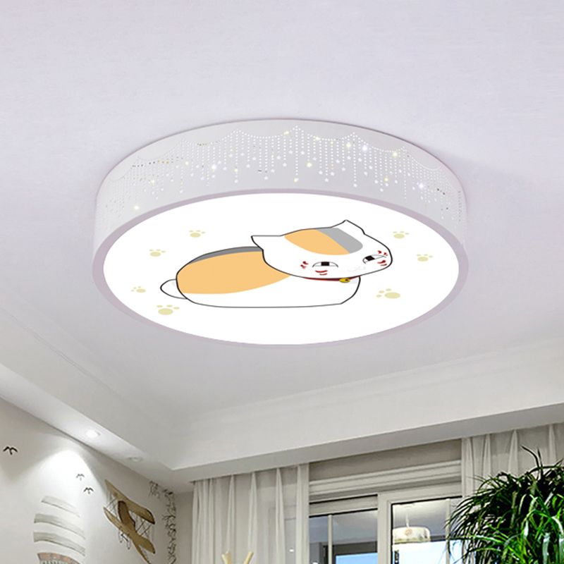 Comic Cat Kids Room Ceiling Flush Mount Iron LED Cartoon Flushmount Lighting in Blue/White