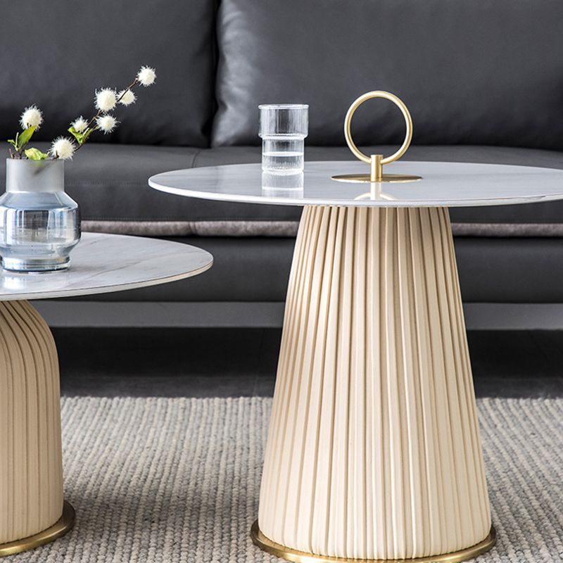 Glam Stone Top Coffee Table Pedestal Round Cocktail Table in White