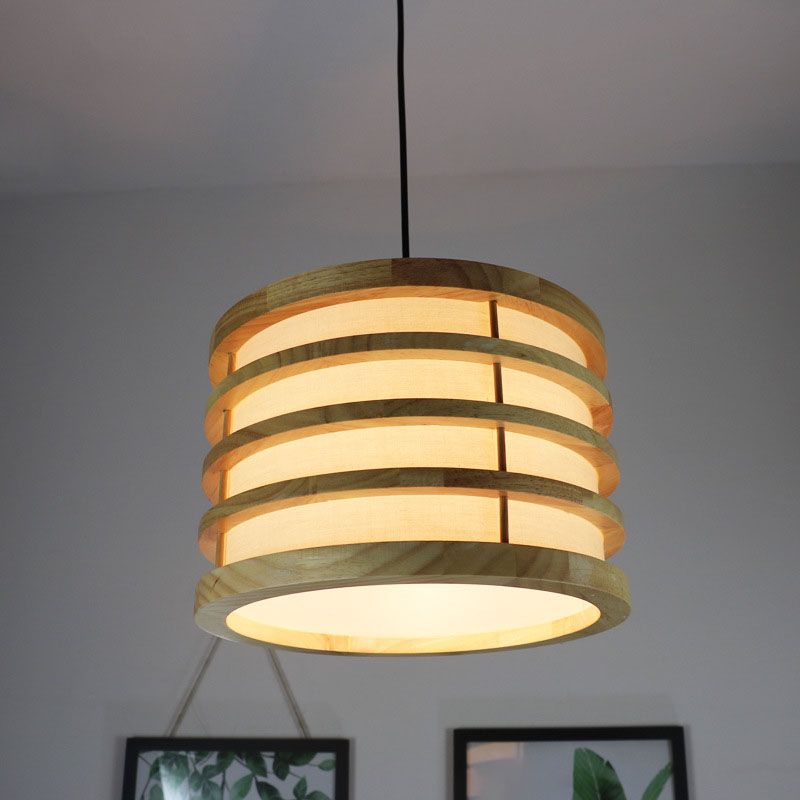 Beige Bucket Shaped Ceiling Pendant Contemporary 1-Light Wood Hanging Light Fixture