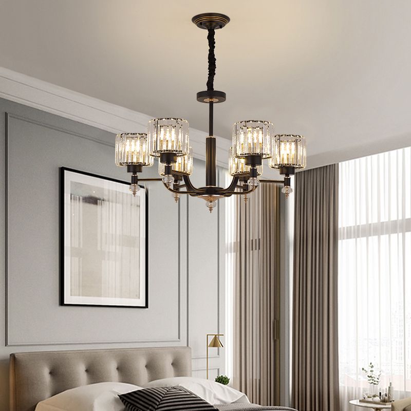 Minimalist Style Up Chandelier Black Cylindrical Suspension Light with Crystal Shade