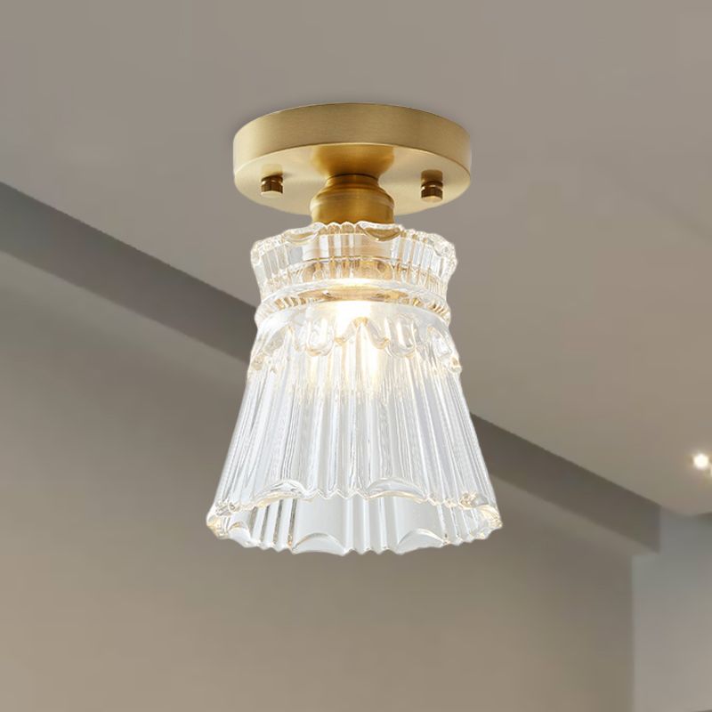 Single Bulb Semi Flush Mount Industrial Cone Clear Textured Glass Ceiling Light in Brass for Living Room