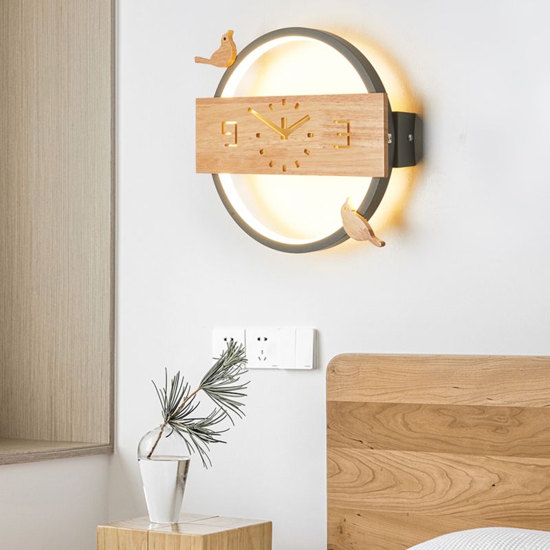 Circle Shape Wall Lighting Modern Style Wood 1 Light Sconce Lamp for Living Room